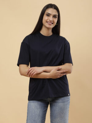 Relaxed Style for Any Occasion: POCKMAN Navy Cotton Oversize T-Shirt - Perfect for Casual Outings