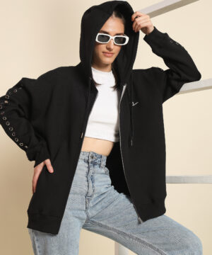Women Full Sleeve Eyelet Designer Cotton Fleece Oversized Hoodie