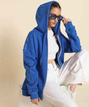 Women Full Sleeve Eyelet Designer Cotton Fleece Oversized Hoodie