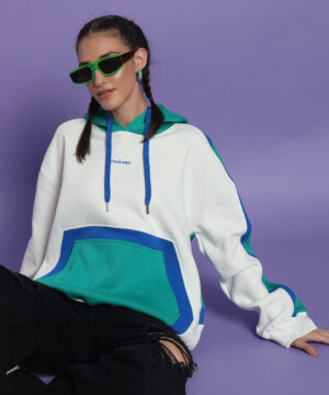 Women Oversized Contrast White, Green & Blue Winter Hoodie