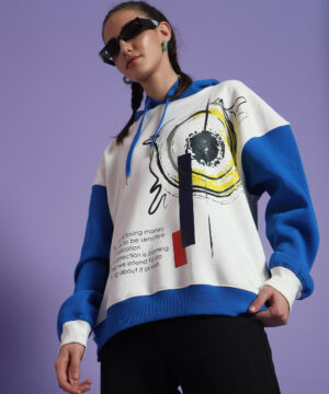 Women Oversized Contrast White & Blue Printed Hoodie