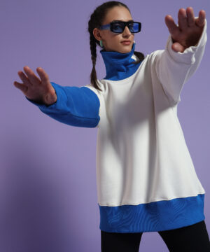 Women Oversized Highneck Zipper White & Blue Hoodie