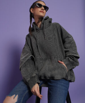 Women Oversized Acid Wash Double Sleeve Black Hoodie