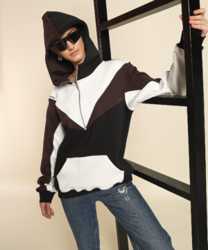 Women Brown White Contrast Oversized Cotton Fleece Zipper Jacket