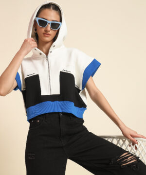 Women Blue White & Black Contrast Eyelet Zipper Crop Jacket