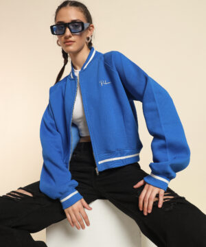 Women Vibrant Blue Oversized Crop Zipper Jacket