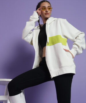 Women White & Lime Curve Zipper Baggy Jacket