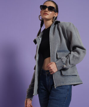 Women Blue Denim AcidWash Regular Fit Zipper Jacket