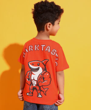 PockMAN Boys Orange&Black Shark Printed Pure Cotton Regular Fit Tshirt 6 30 12 2024 ali 00565