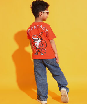 PockMAN Boys Orange&Black Shark Printed Pure Cotton Regular Fit Tshirt 3 30 12 2024 ali 00580