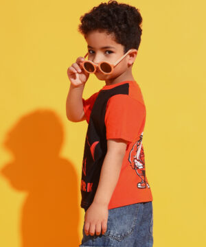 PockMAN Boys Orange&Black Shark Printed Pure Cotton Regular Fit Tshirt