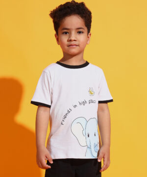 PockMAN Boys White Elephant Printed Pure Cotton Regular Fit Tshirt 6 30 12 2024 ali 00948