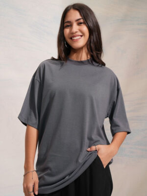 PockMAN Oversized Solid Cotton Terry Classic Charcoal Grey Tshirt