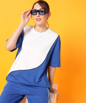 PockMAN Oversized Cotton Terry Contrast of White with Black Pipping, Blue Tshirt