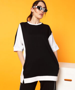 PockMAN Oversized Cotton Terry Side White Contrast with side pockets bottom cut Black Tshirt