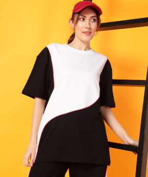 PockMAN Oversized Cotton Terry Contrast of White with Red Pipping, Black Tshirt