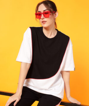 PockMAN Oversized Cotton Terry Contrast of Black with Red Pipping, White Tshirt