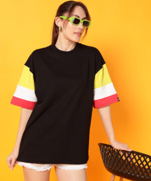 PockMAN Oversized Cotton Terry Contrast Sleeve of Lime White Red Solid Tshirt