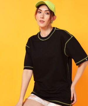 PockMAN Oversized Cotton Terry Overlock of Lime on Black Tshirt