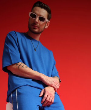 PockMAN Men Oversized Cotton Terry Solid Royal Blue Tshirt