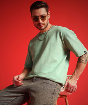 PockMAN Men Oversized Cotton Terry Acid Wash Lime Tshirt