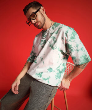 PockMAN Men Oversized Cotton Terry Green Tie & Dye Tshirt