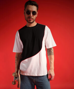 PockMAN Men Oversized Cotton Terry Contrast of Black with Red Pipping, White Tshirt