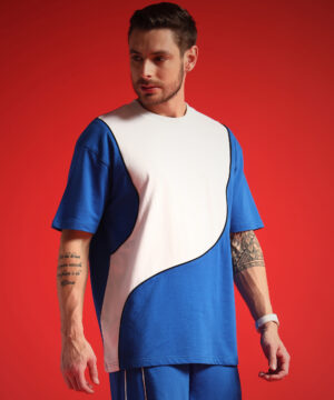 PockMAN Men Oversized Cotton Terry Contrast of White with Black Pipping, Blue Tshirt