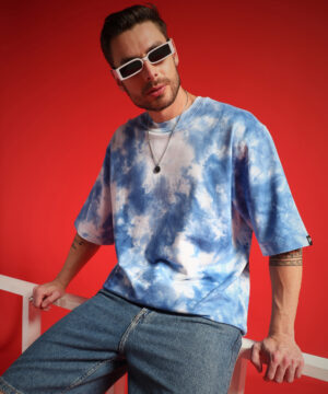 PockMAN Men Oversized Cotton Terry Blue Tie & Dye Tshirt
