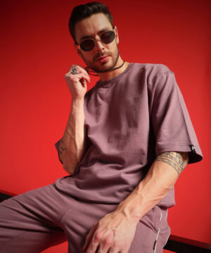 PockMAN Men Oversized Cotton Terry Solid Mauve Tshirt