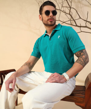 PockMAN Men Cotton Matty Turquoise Blue Polo Tshirt