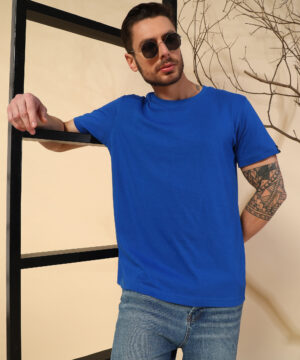 PockMAN Men Regular Fit Cotton Solid Royal Blue Tshirt