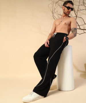 Black Curve Pipping Wide Leg Comfort Trackpant