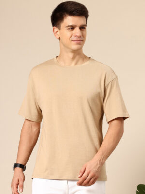 PockMAN Oversized Solid Cotton Terry Classic Fawn Beige Tee