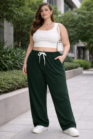 Pockman Relaxed Fit Wide Leg Solid Cotton Terry Jogger
