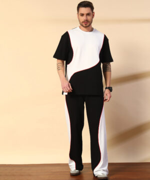 Pockman Men's Premium Cotton Terry Black & White Cord Set