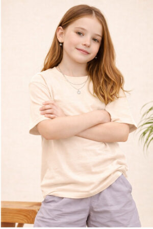 Pockman Girls Solid Pure Cotton Desert Sand Oversized Fit T-shirt