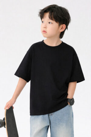 Pockman Boys Solid Pure Cotton Black Oversized Fit T-shirt