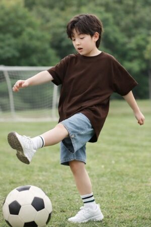 Pockman Boys Solid Pure Cotton Chocolate Brown Oversized Fit T-shirt