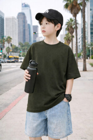 Pockman Boys Solid Pure Cotton Olive Green Oversized Fit T-shirt