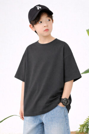 Pockman Boys Solid Pure Cotton Charcoal Grey Oversized Fit T-shirt