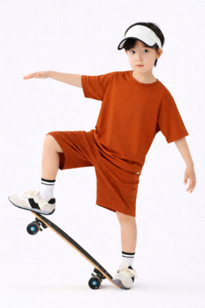 Pockman Boys Solid Pure Cotton Rust Red Oversized Fit T-shirt