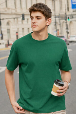 Pockman Green Relaxed Fit Premium Cotton T-Shirt for Men