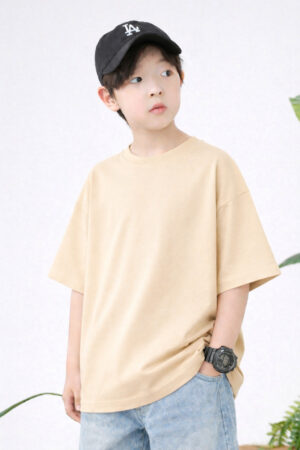Pockman Boys Solid Pure Cotton Fawn Beige Oversized Fit T-shirt 3 1 30