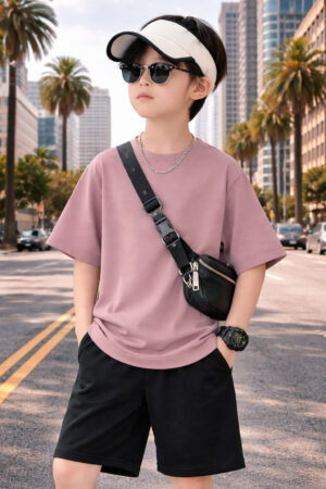 Pockman Boys Solid Pure Cotton Dusty Lavender Oversized Fit T-shirt