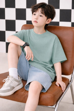 Pockman Boys Solid Pure Cotton Greyish Teal Oversized Fit T-shirt