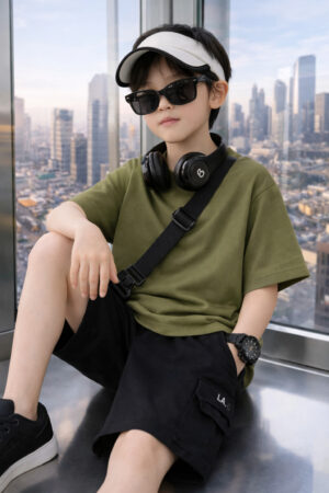 Pockman Boys Solid Pure Cotton Olive Oversized Fit T-shirt