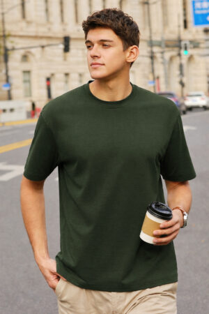 Pockman Olive Relaxed Fit Premium Cotton T-Shirt for Men