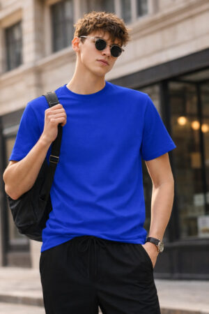 Pockman Royal Blue Relaxed Fit Premium Cotton T-Shirt for Men