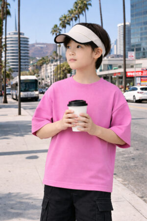 Pockman Boys Solid Pure Cotton Coral Pink Oversized Fit T-shirt